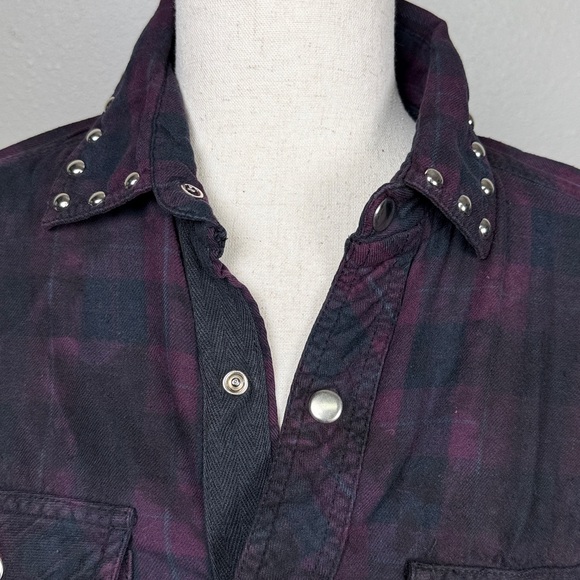 RILEY 1880‎ Crop Plaid Flannel Snap Up Shirt XS/S Bling Purple Western Grunge - Picture 6 of 17